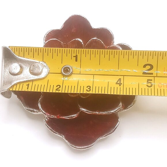 Vintage Brooch Floral Silver-tone Metal Alloy Red Enamel Rhinestone 2" Diameter - Picture 8 of 8